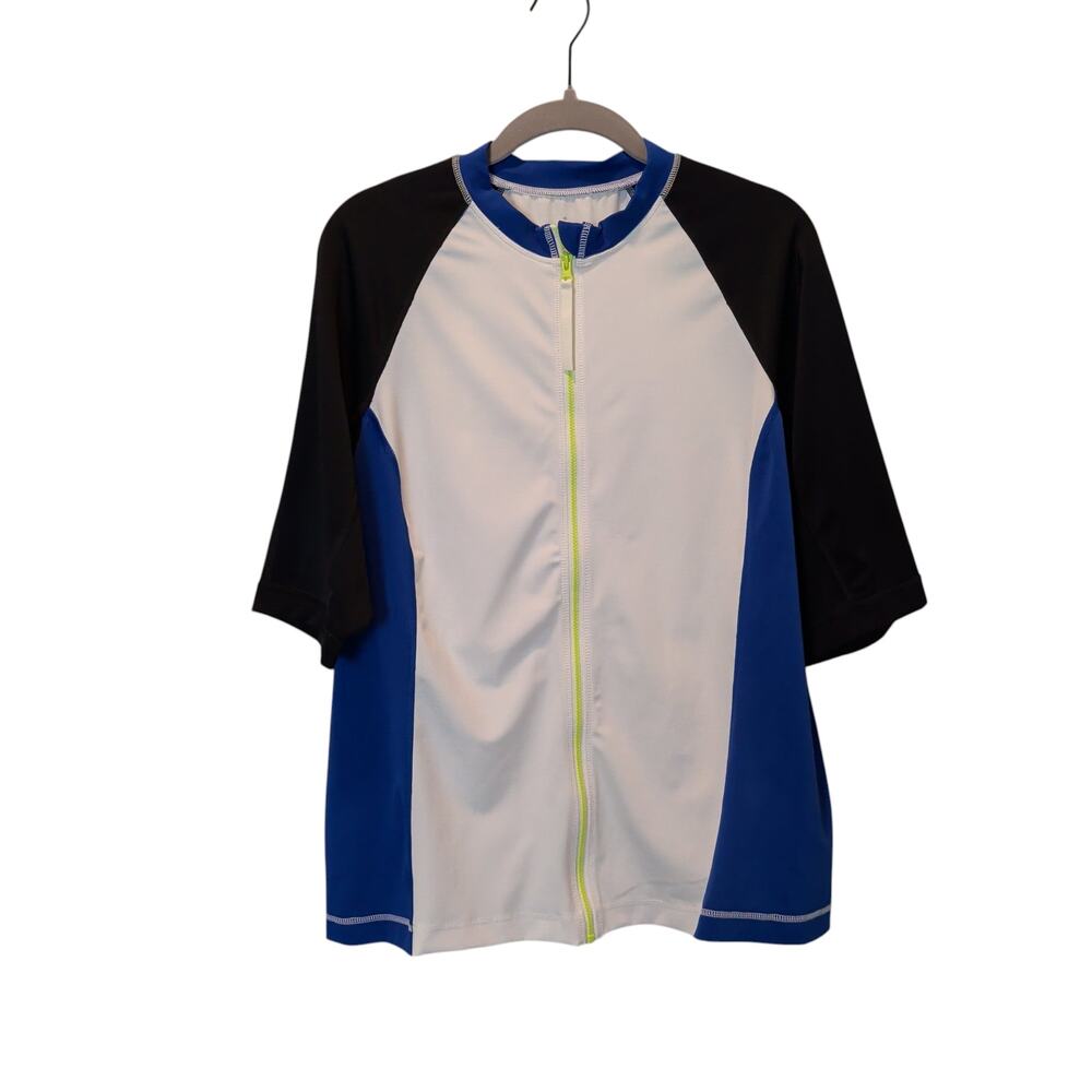 Lands End Sz XL 18 White Blue Full Zip Up Rash Guard UPF Swim Top Short Sleeve